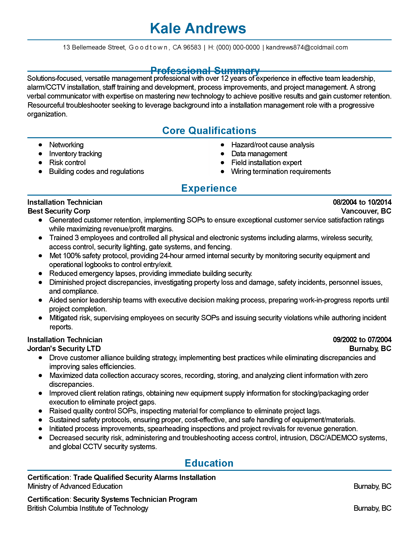 professional installation manager templates to showcase your talent cctv experience resume