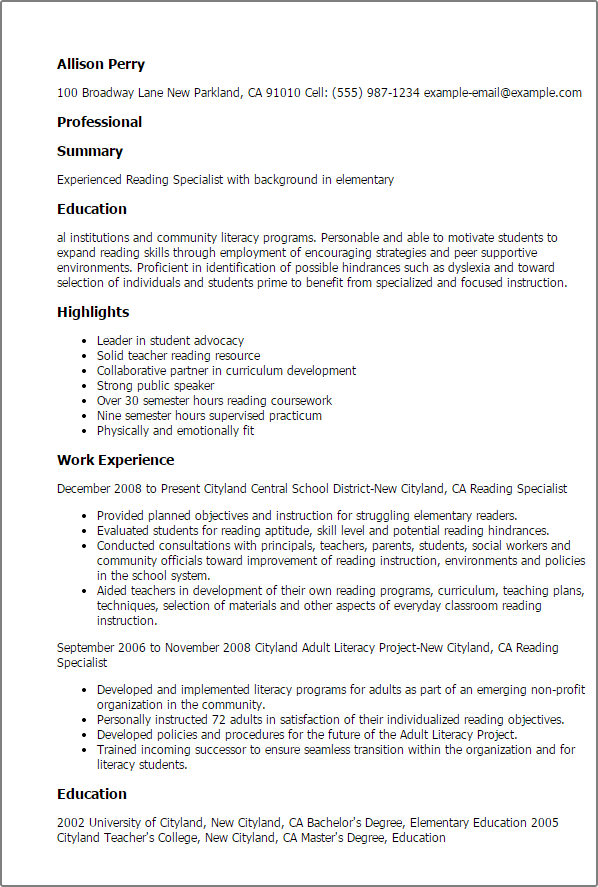 reading and writing skills resume