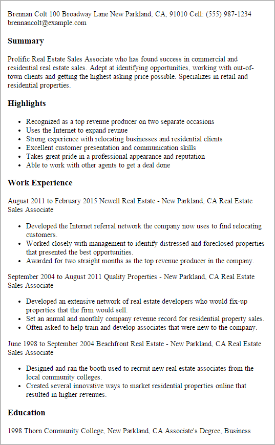 real estate sales associate resumes