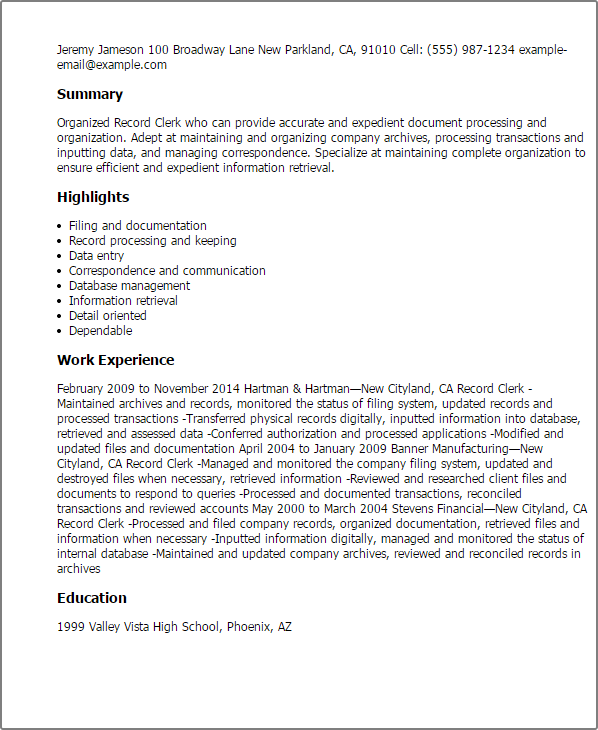Records Retrieval Specialist Resume Example Company Name Records Retrieval Specialist Resume Example Company Name
