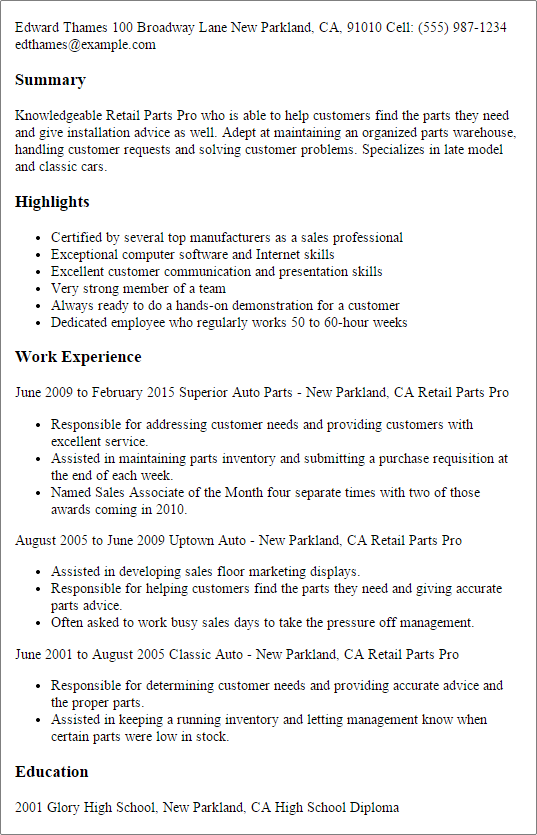 professional retail parts pro templates to showcase your talent professional summary for retail resume