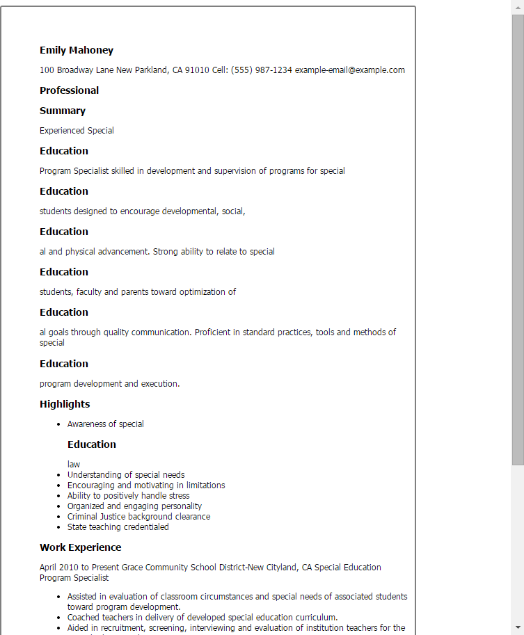 special education program specialist resume template best design