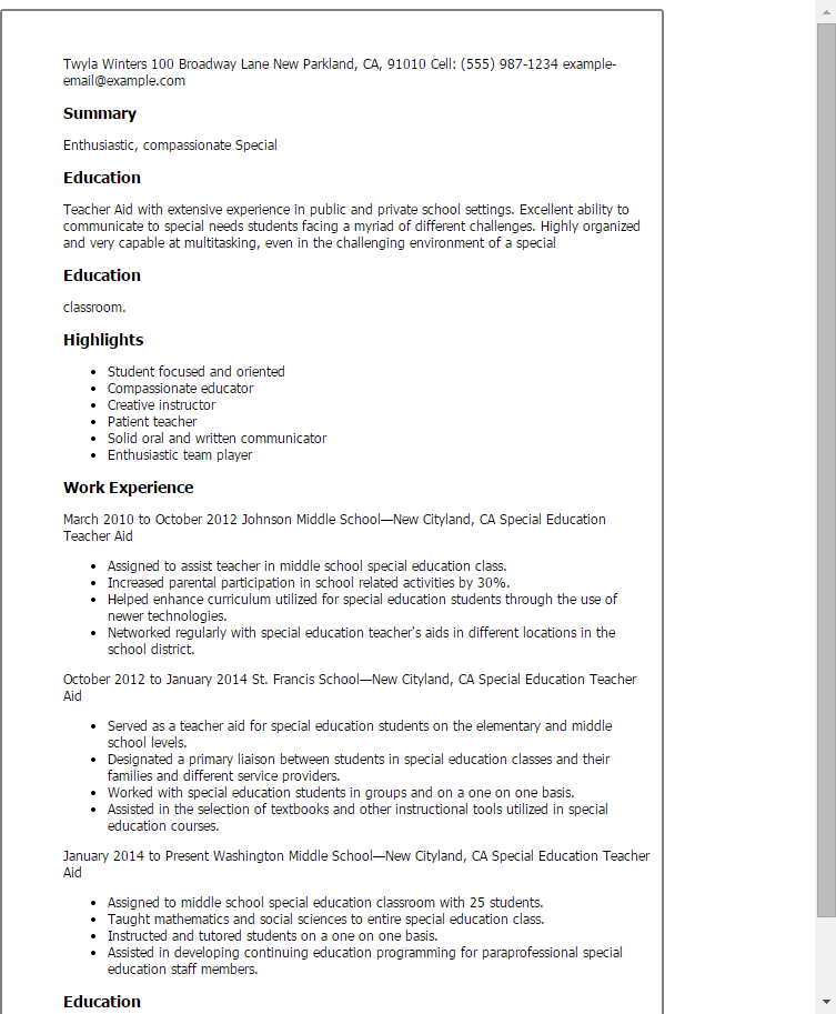 Special Education Teacher Aide Resume Template — Best Design  Tips  MyPerfectResume