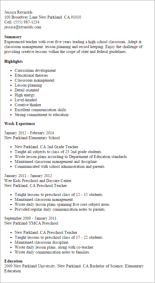 resume template for teachers