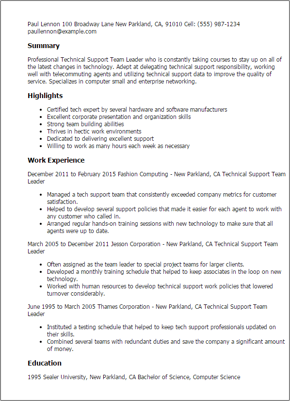 Professional Technical Support Team Leader Templates to ...