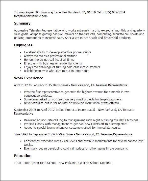 resume telesales manager