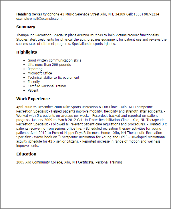 recreation resume