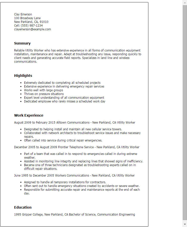 utility worker resume