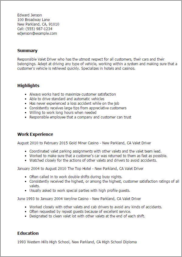 Valet Driver Resume Template — Best Design & Tips 