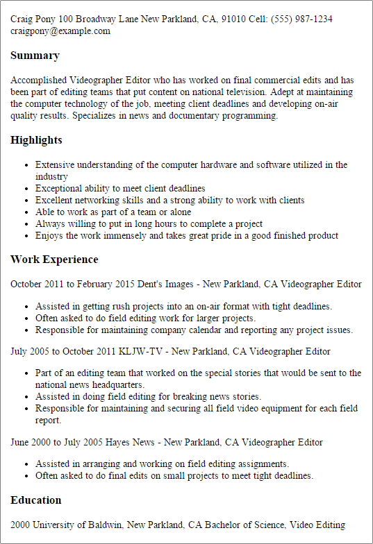 Videographer Editor Resume Template Myperfectresume Videographer Editor Resume Template Myperfectresume
