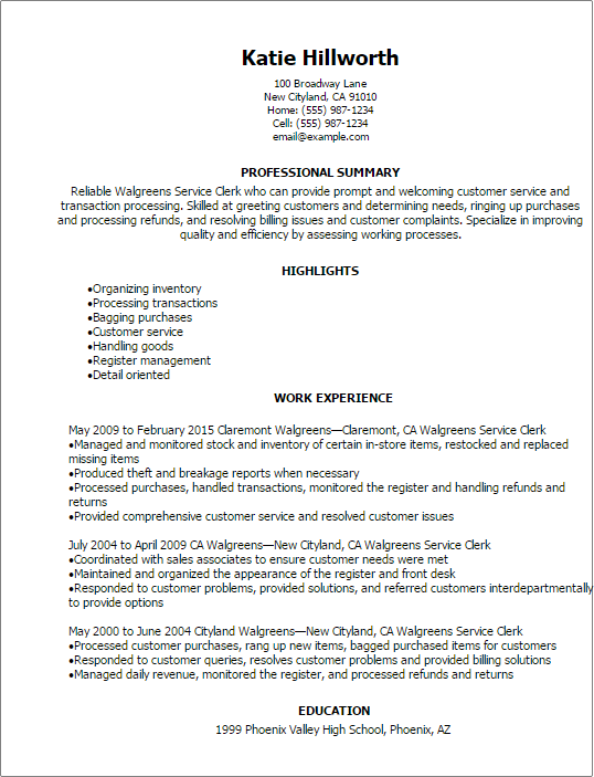 Walgreens Service Clerk Resume Template — Best Design ...