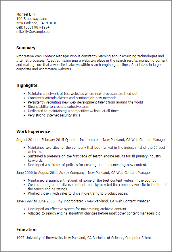 1 Web Content Manager Resume Templates: Try Them Now MyPerfectResume 1 Web Content Manager Resume Templates: Try Them Now MyPerfectResume