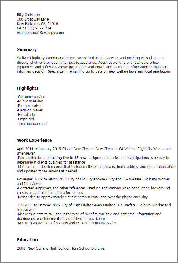 welfare eligibility worker and interviewer resume template best qualification for resumes
